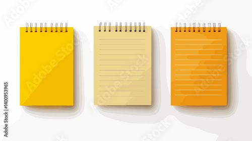 Three Blank Spiral Notebooks Yellow Orange Beige on White Background