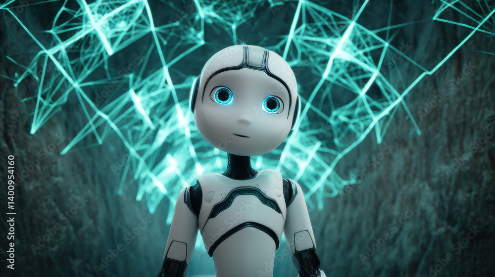 A small, humanoid robot with luminous blue eyes is positioned in a high-tech environment filled with glowing geometric shapes and patterns