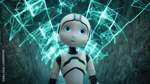Obraz na płótnie A small, humanoid robot with luminous blue eyes is positioned in a high-tech environment filled with glowing geometric shapes and patterns w salonie