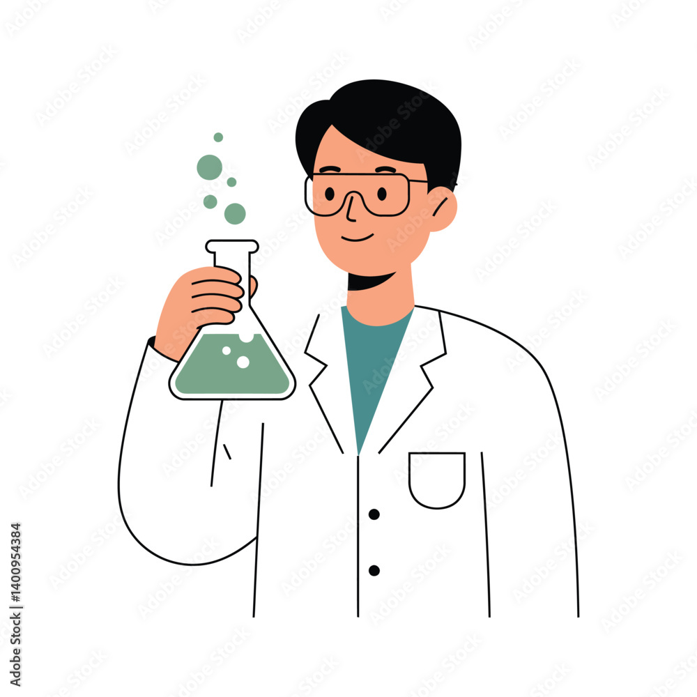 Scientist character man in lab coat holding flask with bubbling chemical liquid, flat vector illustration research concept Scientist character man in lab coat holding flask with bubbling chemical liquid, flat vector illustration research concept