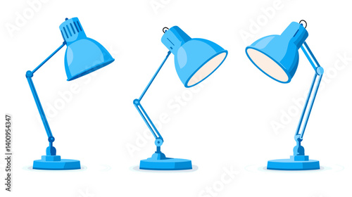 Three Blue Metal Desk Lamps in Various Positions