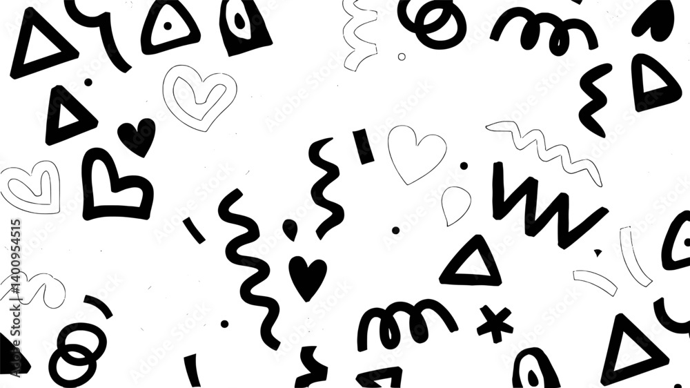 Playful Pattern Of Geometric Shapes And Hearts In Black And White Doodle Style Playful Pattern Of Geometric Shapes And Hearts In Black And White Doodle Style