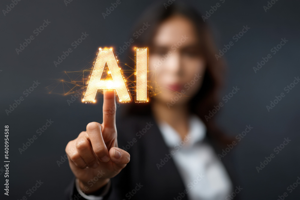 A confident individual interacts with the glowing letters symbolizing artificial intelligence in a futuristic environment