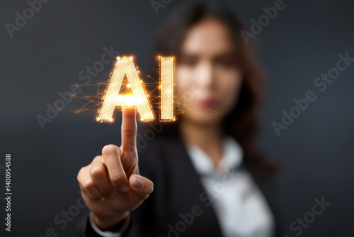 Obraz na płótnie A confident individual interacts with the glowing letters symbolizing artificial intelligence in a futuristic environment w salonie