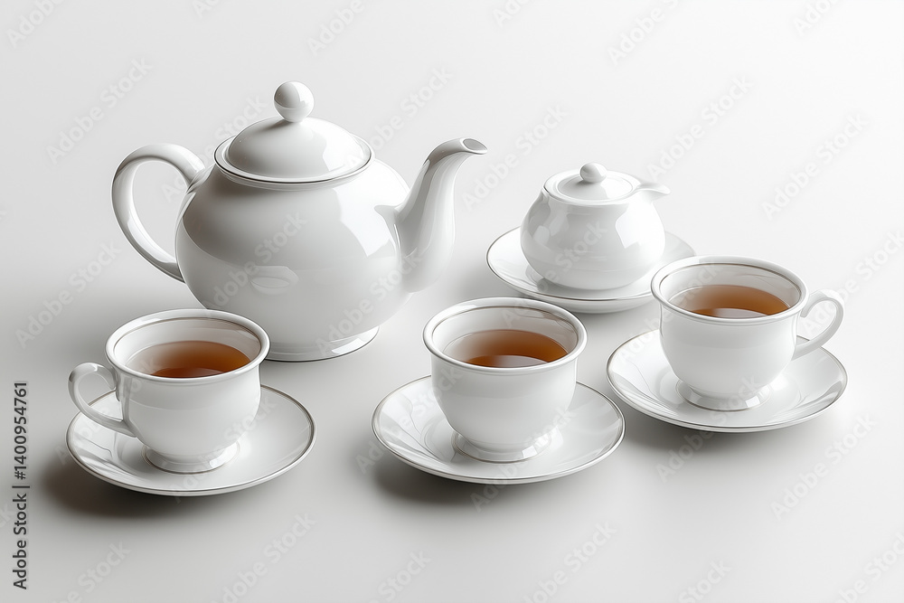 porcelain tea set on a white background: teapot, cups with saucers, sugar bowl, and creamer, top or angled view porcelain tea set on a white background: teapot, cups with saucers, sugar bowl, and creamer, top or angled view