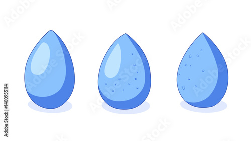 Three Blue Water Droplets with Varying Textures: Pixel Art Illustration