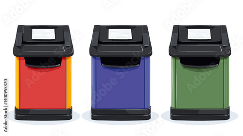 Three Colorful Recycling Bins for Waste Separation