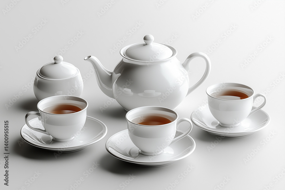 porcelain tea set on a white background: teapot, cups with saucers, sugar bowl, and creamer, top or angled view porcelain tea set on a white background: teapot, cups with saucers, sugar bowl, and creamer, top or angled view