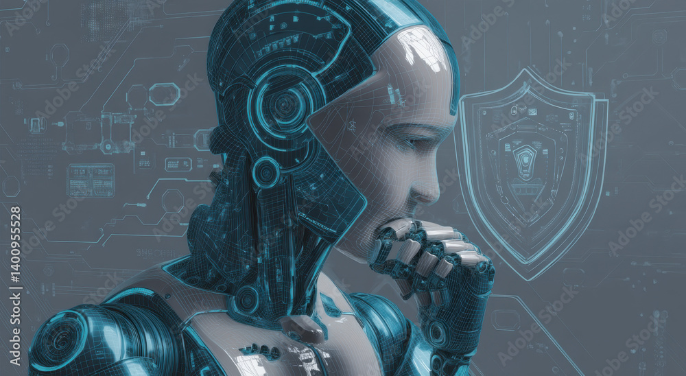 A humanoid robot contemplates data and technology, embodying the essence of advanced artificial intelligence and its future implications