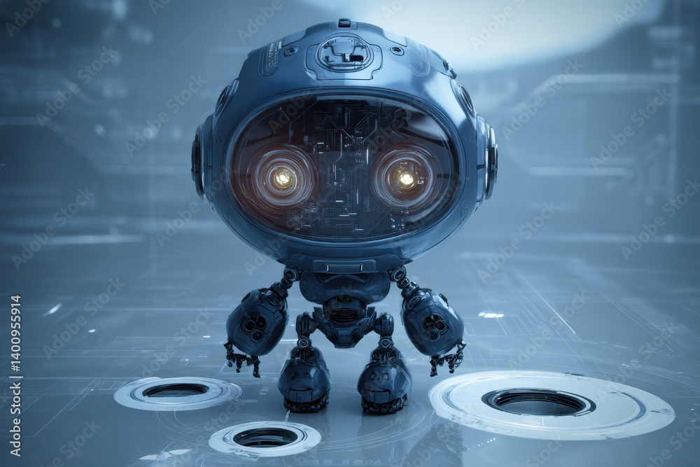 A small robot with expressive eyes stands confidently on a sleek, high-tech surface, showcasing an advanced design in a futuristic environment