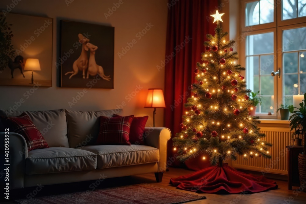 Glowing Christmas tree in cozy corner of a warm and inviting living room, Cozy Corner, Ambiance Glowing Christmas tree in cozy corner of a warm and inviting living room, Cozy Corner, Ambiance