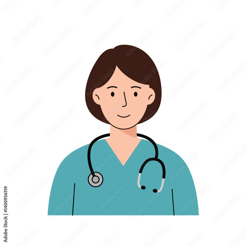 Fototapeta premium Female doctor or nurse character icon in scrubs with stethoscope, flat vector illustration for healthcare medical concept