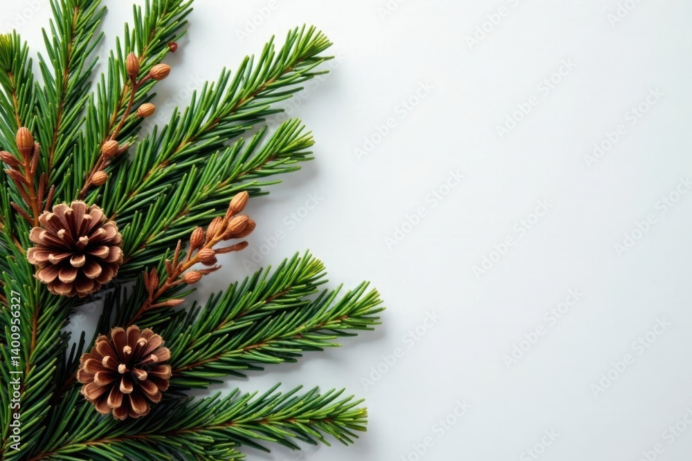 Evergreen fir branches intertwined with rustic pine cones and autumnal foliage, winter wonderland, holiday season Evergreen fir branches intertwined with rustic pine cones and autumnal foliage, winter wonderland, holiday season
