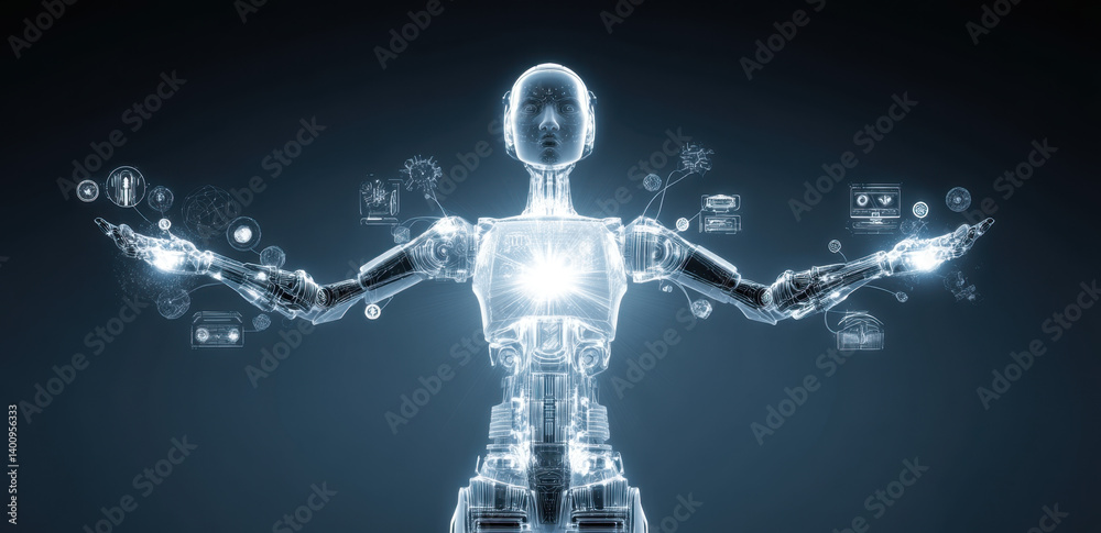 A robot stands with outstretched arms, showcasing glowing data icons that represent various artificial intelligence applications in a dim setting