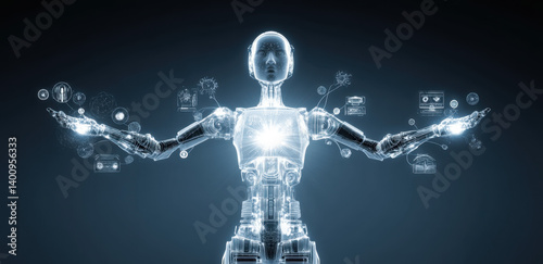 Obraz na płótnie A robot stands with outstretched arms, showcasing glowing data icons that represent various artificial intelligence applications in a dim setting w salonie