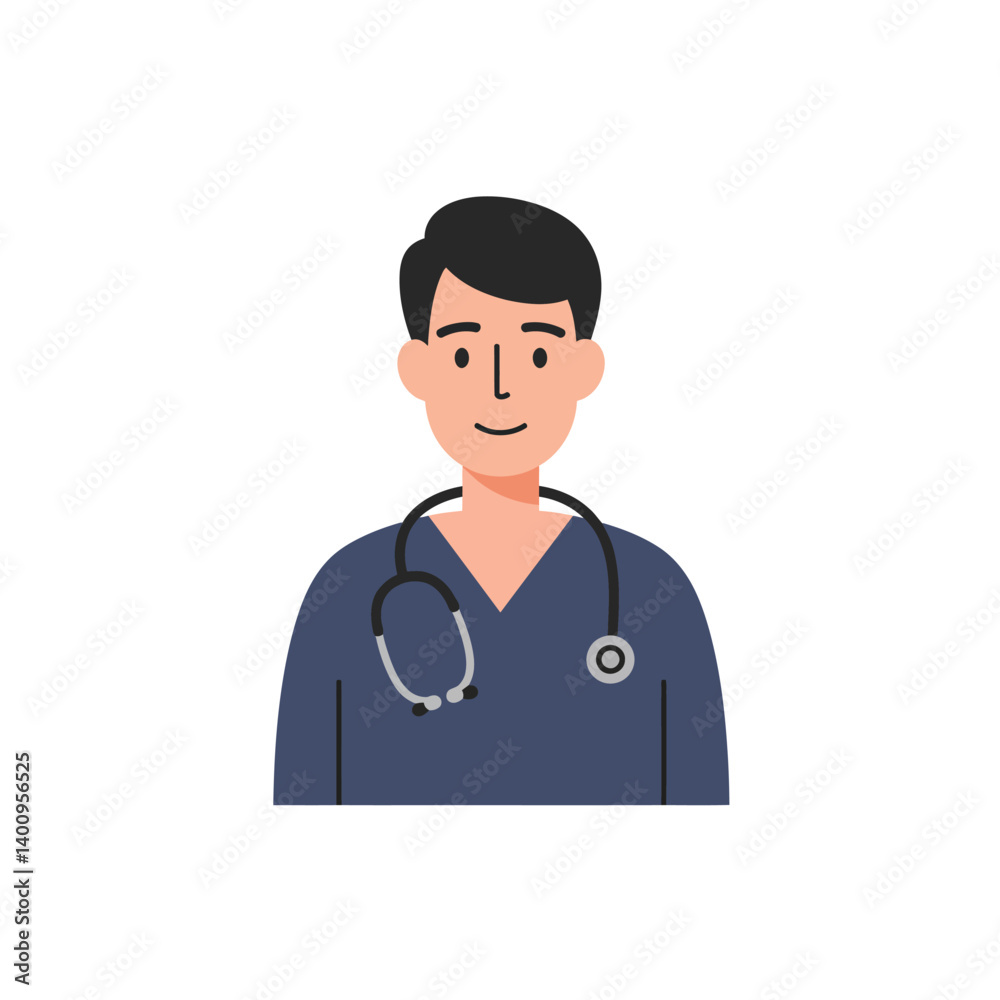 Fototapeta premium Male doctor or nurse character icon in scrubs with stethoscope, flat vector illustration for healthcare and medical concept