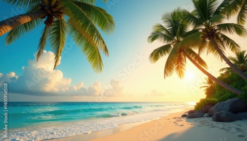 Palm trees sway gently in the warm ocean breeze, tropical, vintage