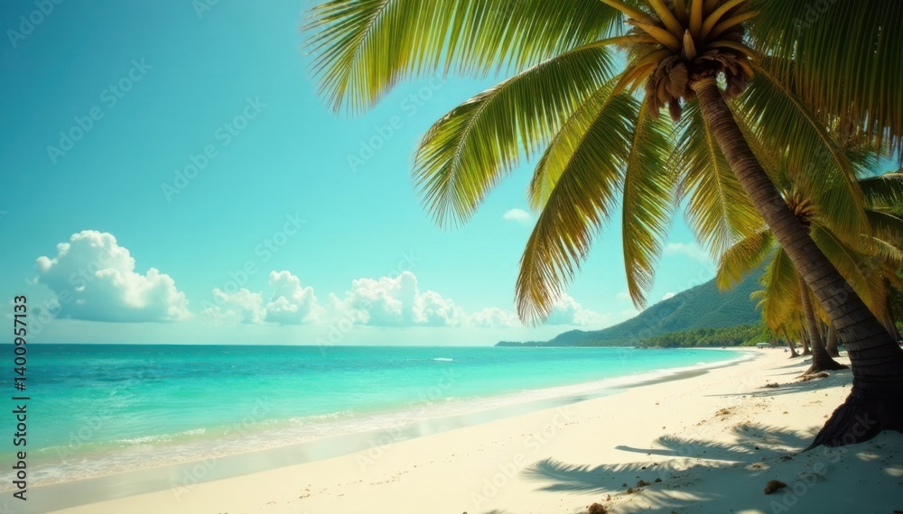 Fototapeta premium Palm trees sway gently in warm ocean breeze amidst sandy beach with vintage tone and film distress flare, vintage, sand