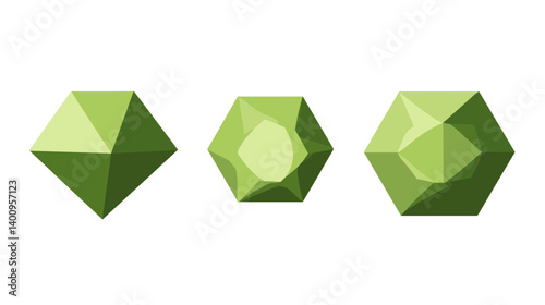 Three Green Faceted Gems on White Background