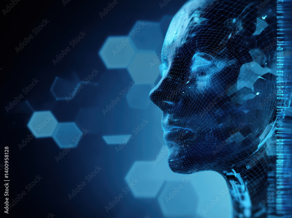 A digital human-like face with intricate details is surrounded by glowing geometric shapes, representing artificial intelligence