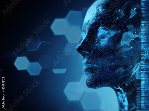 Obraz na płótnie A digital human-like face with intricate details is surrounded by glowing geometric shapes, representing artificial intelligence w salonie