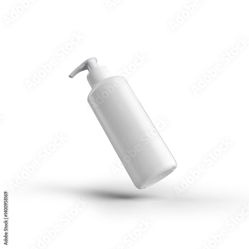 A floating white pump bottle, typically used for lotions or liquid products, showcasing a minimalist design.