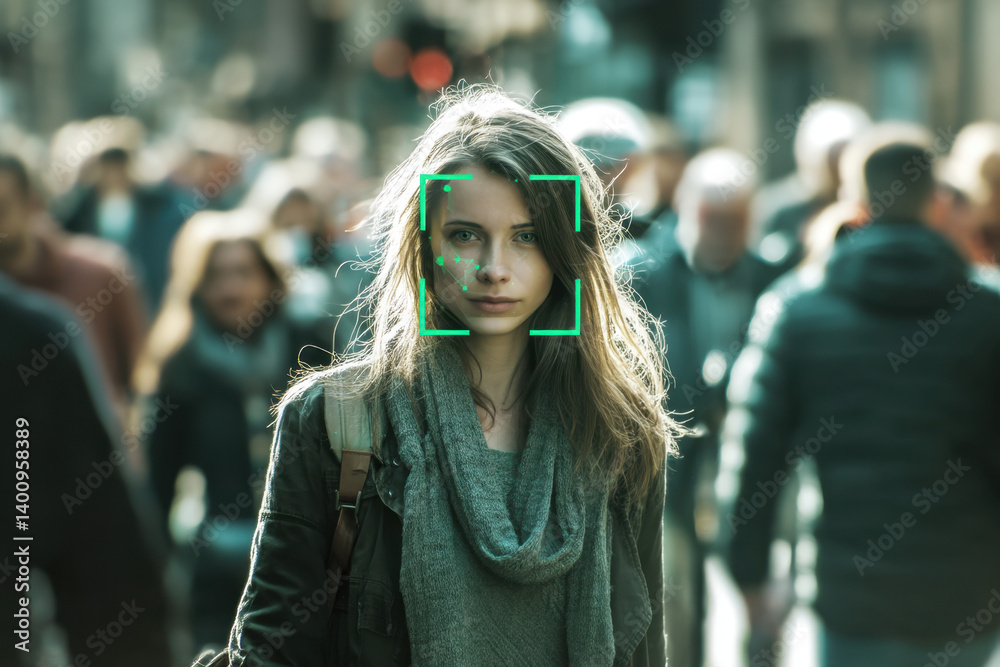 In a bustling city street, a woman stands out as artificial intelligence technology highlights her face amidst a crowd of pedestrians