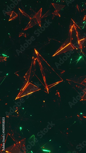 Abstract 3D Geometric Patterns: Dark Glowing Triangle Background with Neon Textures