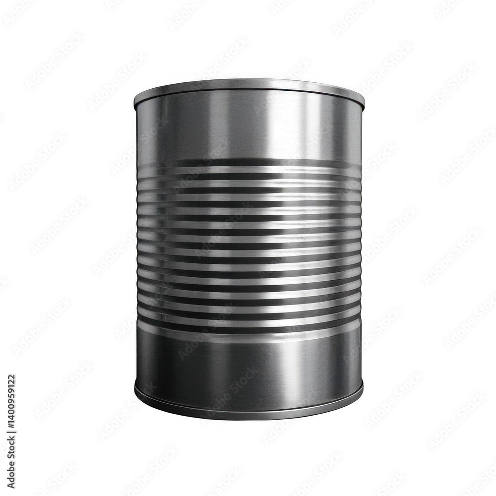 A solitary metal can, reflecting light, sits on a pristine white background, its cylindrical form and textured surface subtly hinting at stories of preservation and sustenance. transparent background. A solitary metal can, reflecting light, sits on a pristine white background, its cylindrical form and textured surface subtly hinting at stories of preservation and sustenance. transparent background.