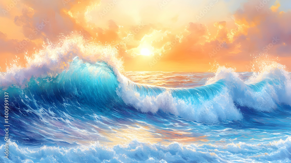 Turquoise Ocean Waves Crashing Under a Golden Sunset Sky with Dramatic Clouds on the Horizon in a Seascape Scene Turquoise Ocean Waves Crashing Under a Golden Sunset Sky with Dramatic Clouds on the Horizon in a Seascape Scene