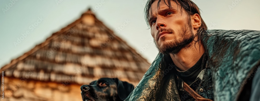 Obraz premium A man in a rugged setting, reflecting on his journey with his dog.