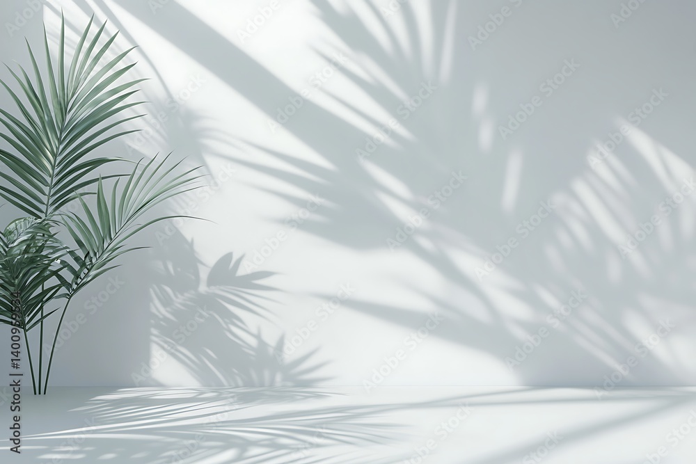 Abstract gradient blue studio background for product presentation. Empty room with shadows of window and flowers and palm leaves . 3d room with copy space. Summer concert. Blurred backdrop. Abstract gradient blue studio background for product presentation. Empty room with shadows of window and flowers and palm leaves . 3d room with copy space. Summer concert. Blurred backdrop.