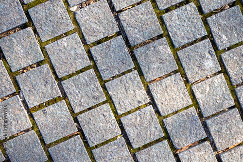 Natural stone paving with green moss in joints. Illustrates eco-friendly urban landscaping. Diagonal arrangement. Architectural background.