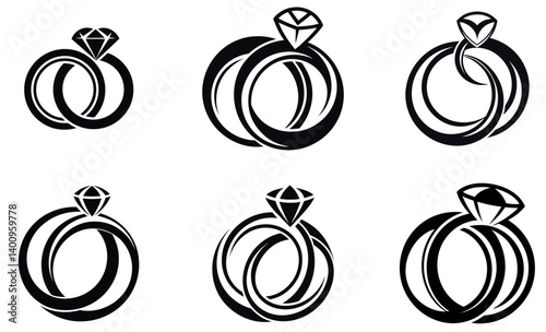 Elegant Black and White Diamond Ring Icons Set