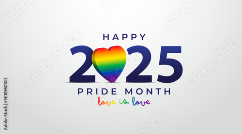 LGBT Pride Month in June 2025. Text 2025 with a rainbow heart. Symbol of Pride Month. Background design for poster, flyer, web, banner, and template. Vector Illustration.