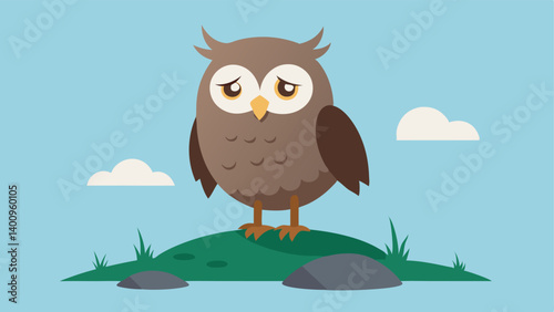 Owl with a Frown A fluffy owl standing on a rock looking down with a frown and one feather slightly ruffled capturing a sense of disorientation. The owls wide eyes are narrowed