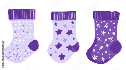 Three Pairs of Purple Patterned Socks with Stars and Snowflakes