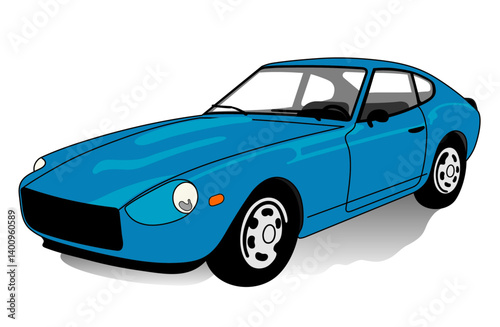 Old blue sports car. White background	
