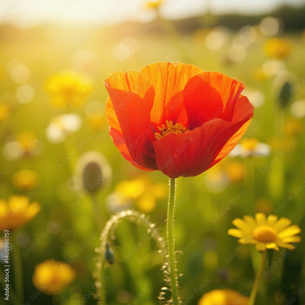 Dewy Red Poppy Among Wild Summer Flowers at Golden Hour Dewy Red Poppy Among Wild Summer Flowers at Golden Hour
