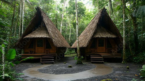 Two Rustic Wooden Cabins with Thatched Roofs in a Lush Green Forest Under Daylight Featuring a Winding Stone Pathway