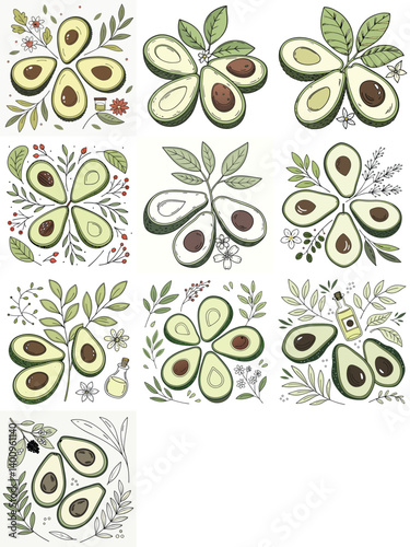 Várias fatias de abacate dispostas em formato de flor com o carroço no meio. Plantas, frutas, alimentação. Óleo de abacate. Fundo transparente.  