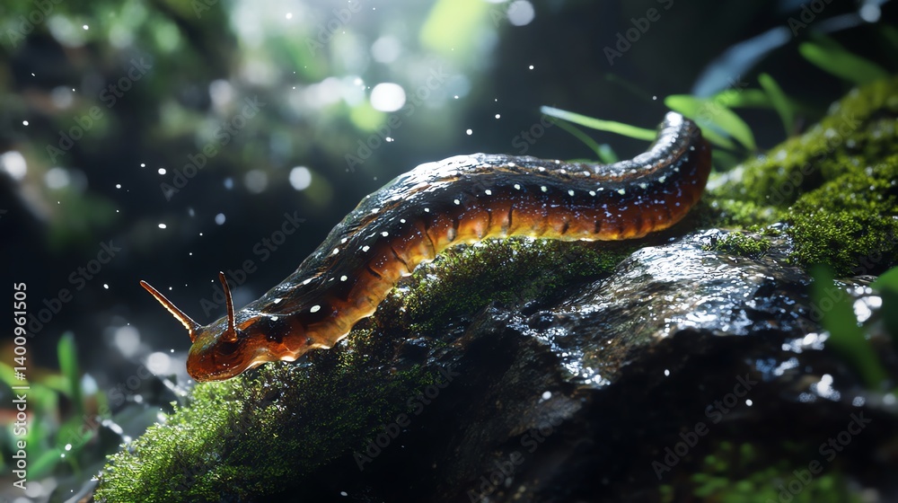 Slug Crawling on Mossy Rock in the Forest with Sunlight Slug Crawling on Mossy Rock in the Forest with Sunlight