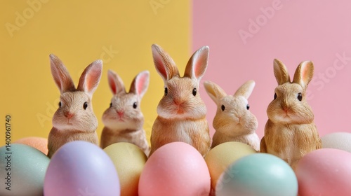 easter eggs festive decorations. Adorable Easter Bunnies with Pastel Colored Eggs Row Cute Celebration Spring Holiday Season Design.