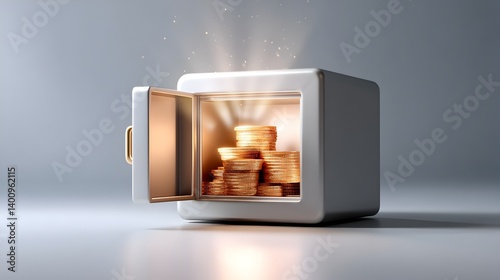 Personal Finance Saving Investments concept, A metallic safe with an open door reveals stacks of coins inside, emitting a glowing light, symbolizing wealth and security.