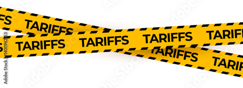 Yellow Tariff Caution Tape with Black Stripes on White Background. Economic Trade Warning Barrier for Tax or Border Conflict Concepts. Vector Illustration