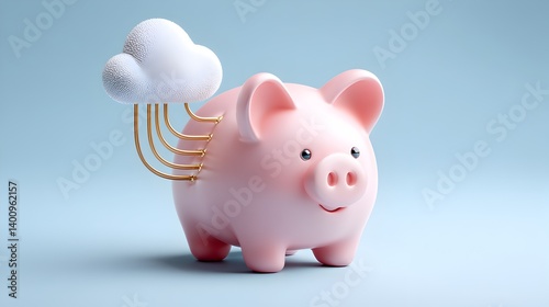 Personal Finance Saving Investments concept, A cute piggy bank with cloud elements, symbolizing saving and finance in a modern, digital context.