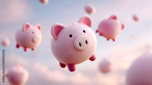 Personal Finance Saving Investments concept, Flying pink piggy banks float against a dreamy sky, creating a whimsical and imaginative scene.