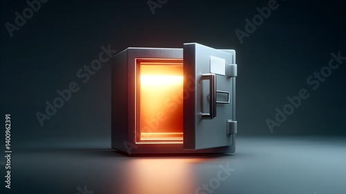 Personal Finance Saving Investments concept, A metallic safe with an open door revealing a glowing interior, set against a dark background exuding an aura of mystery and security.
