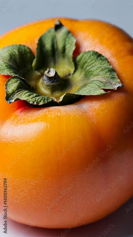 Close-up of a vibrant orange persimmon fruit with green calyx on a white surface, showcasing fresh and natural food