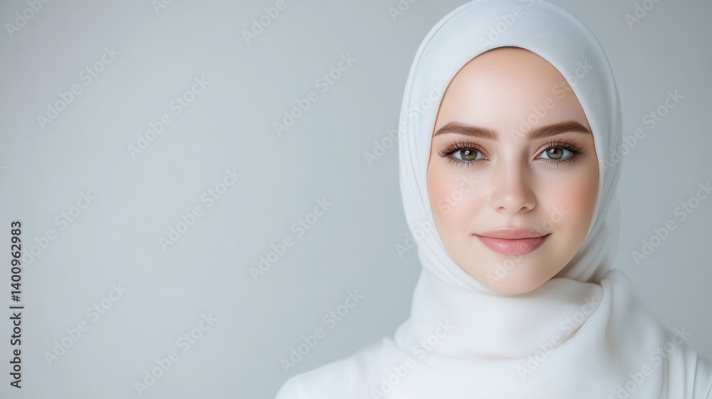 Woman in hijab, soft makeup, minimalist style, high-quality studio lighting, portrait close-up, smooth fabric texture, serene expression, neutral backdrop, soft white tones, ideal for beauty ads Woman in hijab, soft makeup, minimalist style, high-quality studio lighting, portrait close-up, smooth fabric texture, serene expression, neutral backdrop, soft white tones, ideal for beauty ads